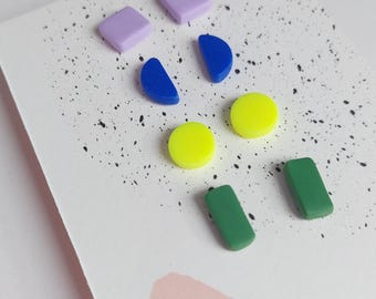 Mini stud earring set cool colours, 4 different styles to mix and match, blues and greens