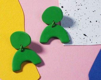 Green statement dangly arc earrings. Bright green polymer clay dangle earrings