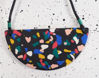 Terrazzo necklace, Colourful confetti bib necklace, Black statement necklace