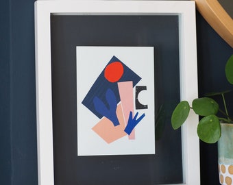 Collage art, original paper cut collage, A5 abstract modern composition, geometric shapes wall art