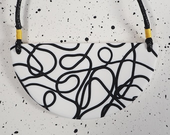 Monochrome Bib Necklace, Scribble Art Pendant, Adjustable Length