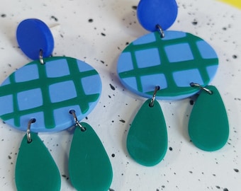 Blue and jade Green abstract dangle earrings