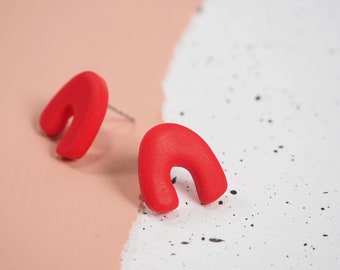 Small red arc stud earrings, polymer clay pierced earrings, little red stud earrings