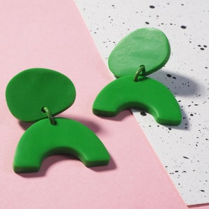 Green statement dangly arc earrings. Bright green polymer clay dangle earrings image 2