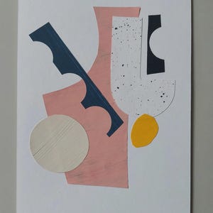 May include: Abstract collage artwork featuring a pink, white and black geometric shape with a yellow circle and a blue scalloped shape.