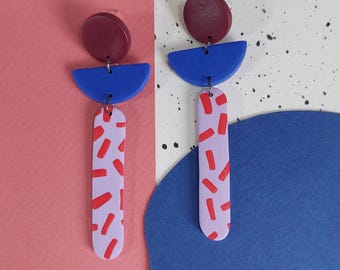 Long colour block and pattern dangle earrings
