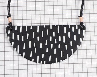 Handmade Black Bib Necklace, White Dash Design