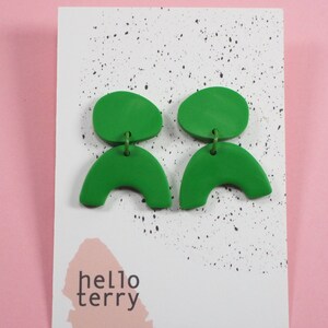 Green statement dangly arc earrings. Bright green polymer clay dangle earrings image 3