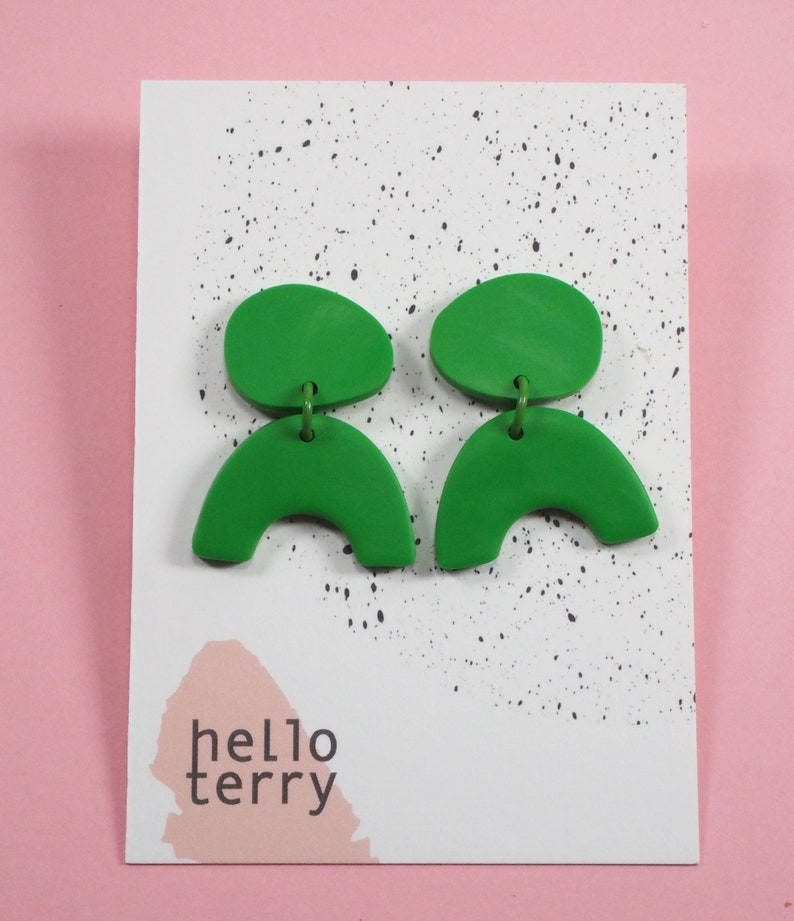 Green statement dangly arc earrings. Bright green polymer clay dangle earrings image 3