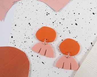 Tangerine & Pink Polymer Clay Earrings: Colour Block Statement Dangle