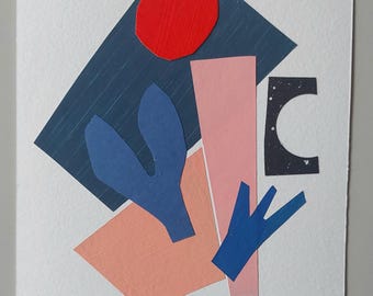 Abstract Paper Collage Art: Sea Botanicals, Geometric Shapes (A5)