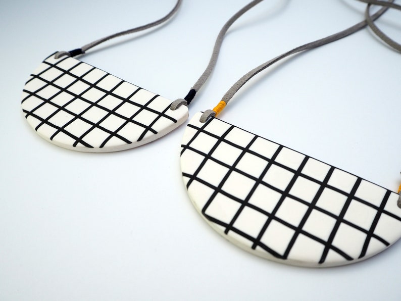 MADE TO ORDER White grid bib necklace made to order large semi circle monochrome statement necklace white and black grid design,