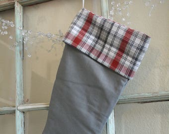Gray Linen Stocking--Plaid Cuff #27