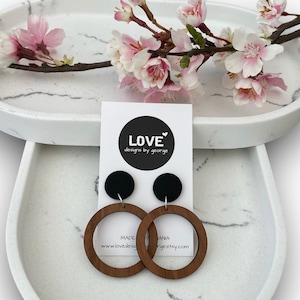 Statement Earrings Wooden Hoop Earrings Dangle Earrings Black Clay Earrings Surgical Steel Earrings