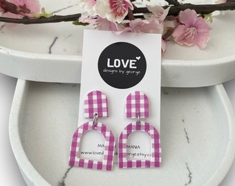 Pink and white gingham polymer clay earrings , pink dangle earrings, statement earrings, clay jewellery