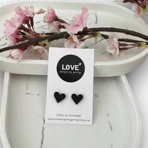 Black Studs Black Heart Studs Love Heart Studs Acrylic Studs Glitter Studs Black Glitter Studs Glitter Hearts