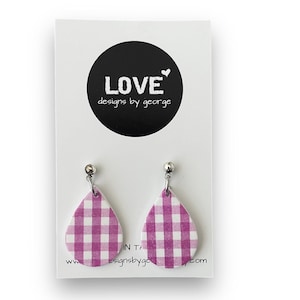Gingham Polymer Clay Dangle Earrings: Pink & White, Surgical Steel