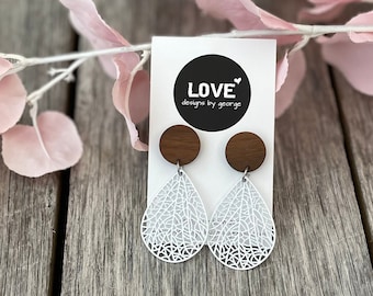 White Earrings Wooden Earrings Filigree Earrings Statement Earrings