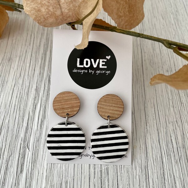 Wooden Earrings Clay Earrings Black and White Stripe Earrings Statement Earrings For Her Dangle Earrings