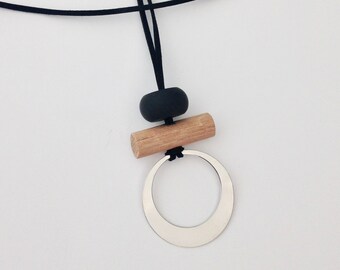 Silver Necklace, Stainless Steel Necklace, Unique Gift, Wooden Necklace, Pendant Necklace, Womens Gift, Mothers Day Gift, for Her, Wooden