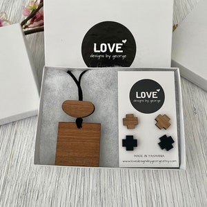 Jewellery Gift Set  Gift for Her Wooden Necklace Cross studs Surgical Steel Studs Pendant Necklace Square Necklace  Mother&#39;s Day Gift