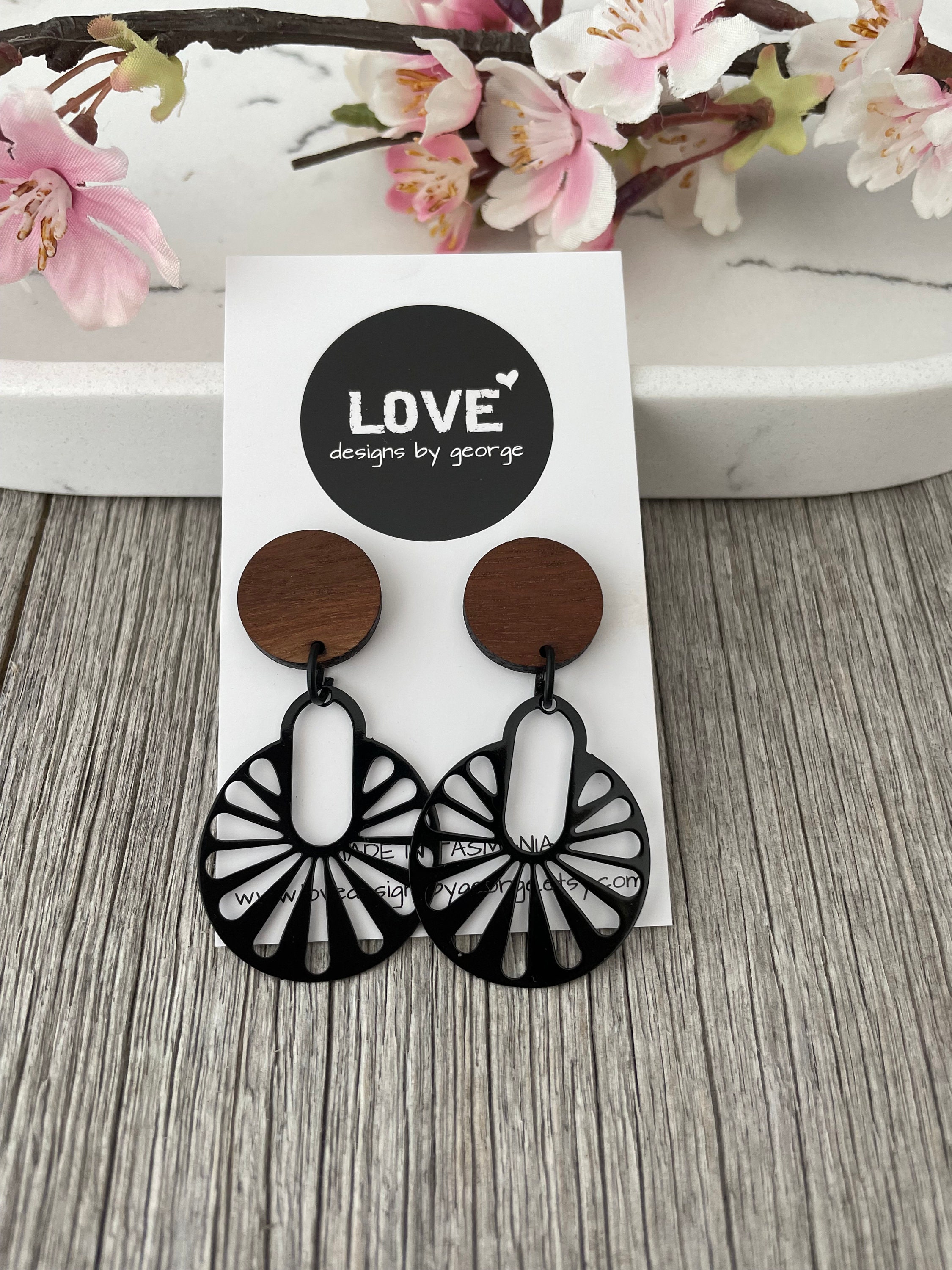 Black Filigree Wooden Dangle Earrings: Surgical Steel