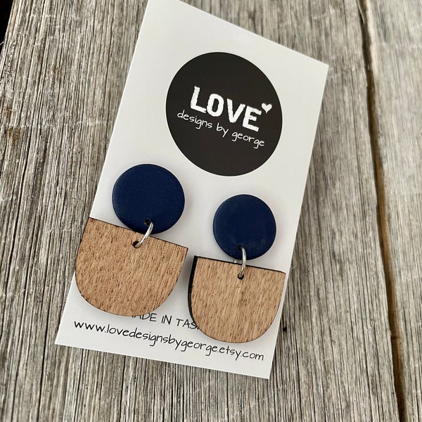 Tasmanian Oak Timber Navy Earrings Wooden Earrings Statement Earrings