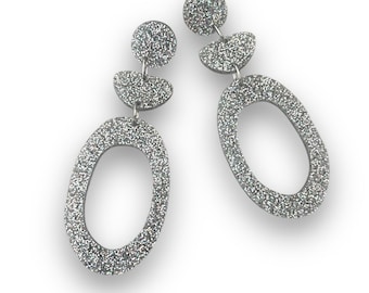 Silver Glitter Acrylic Statement Earrings: Surgical Steel Posts