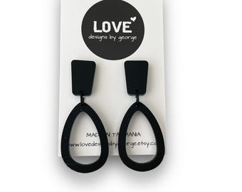 Black Acrylic Statement Earrings: Surgical Steel Dangle Jewelry