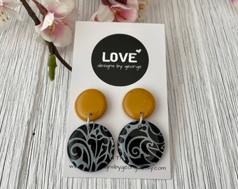 Black and White and Mustard Earrings Resin earrings Clay Earrings Statement Earrings