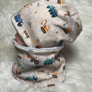 Beanie, Loop Set "Excavator, Crane beige 39-60 Children's hat, scarf, hat with scarf, toddler set or individually