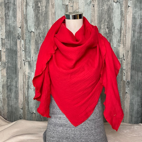 Dreieckstuch Halstuch Damen XXL  aus Musselin"Feuerrot" Musselin Wickelschal Tuch Handmade Schal Sommertuch einlagig