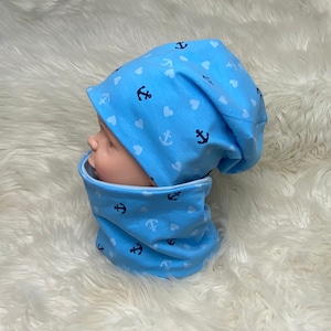 Beanie Loop Anker Herzen Hellblau Maritim  39-60 Kindermütze, Schal , Mütze mit Schal ,Kleinkind Set
