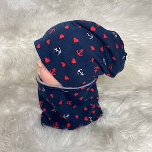 Beanie Loop Anker Herzen Dunkelblau Maritim  39-60 Kindermütze, Schal , Mütze mit Schal ,Kleinkind Set oder einzeln