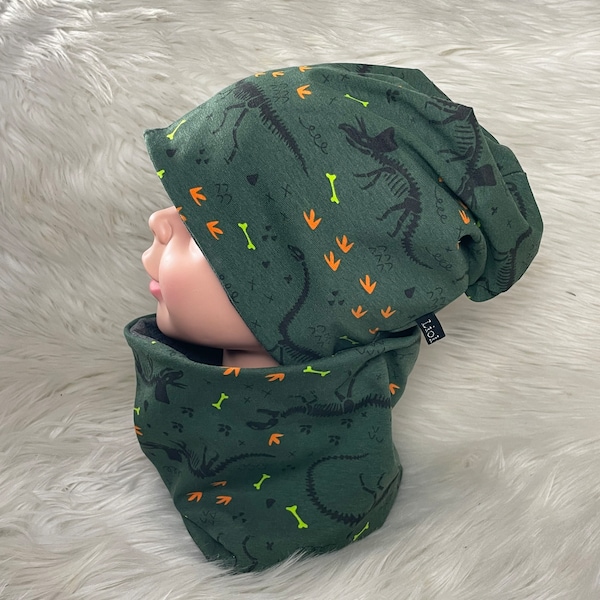 Beanie Loop Set „Dino Skelett" khaki 39-60 Kindermütze, Schal , Mütze mit Schal ,Kleinkind Set oder einzeln