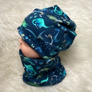 Beanie, Loop Set „Dinos" blau Aquarell  39-60 Kindermütze, Schal , Mütze mit Schal ,Kleinkind Set oder einzeln