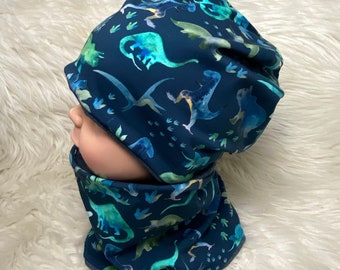 Beanie, Loop Set „Dinos" blau Aquarell  39-60 Kindermütze, Schal , Mütze mit Schal ,Kleinkind Set oder einzeln