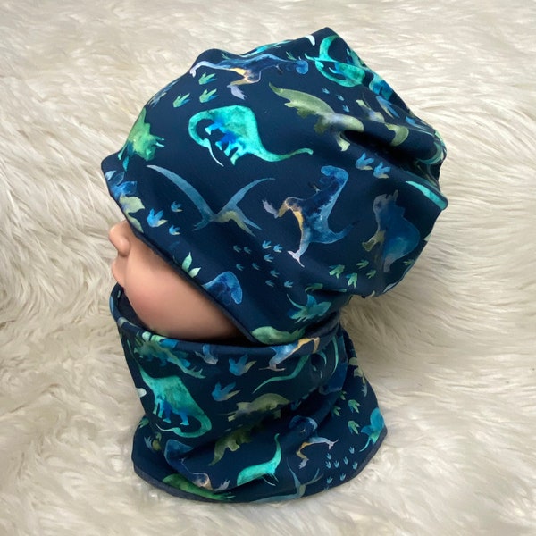Beanie, loop set "Dinos" blue watercolor 39-60 children's hat, scarf, hat with scarf, toddler set or individually