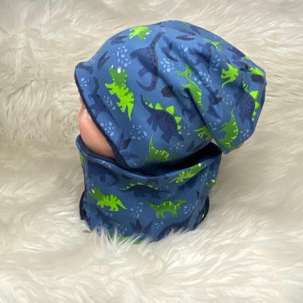 Beanie Loop Set „Dinos" grün blau 39-60 Kindermütze, Schal , Mütze mit Schal ,Kleinkind Set oder einzeln