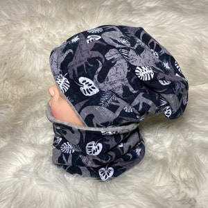 Beanie loop dinosaur black 39-60 boys, scarf, hat with scarf, toddler set or individually