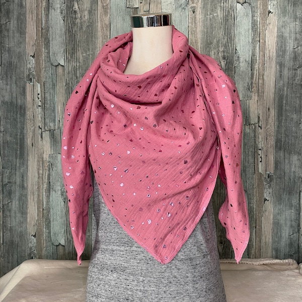 Musselintuch Halstuch Pink mit pinken Flocken Dreieckstuch Musselin Wickelschal Tuch Handmade Schal  einlagig