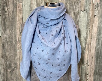 Halstuch Damen XXL "Blumen hellblau " Musselin Wickelschal Tuch Handmade Schal Sommertuch einlagig