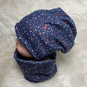 Beanie Loop Anker Schimmer rot / blau Maritim  39-60 Kindermütze, Schal , Mütze mit Schal ,Kleinkind Set