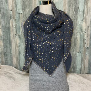 Muslin cloth triangular scarf neck scarf gold dots gray muslin wrap scarf cloth handmade scarf single layer