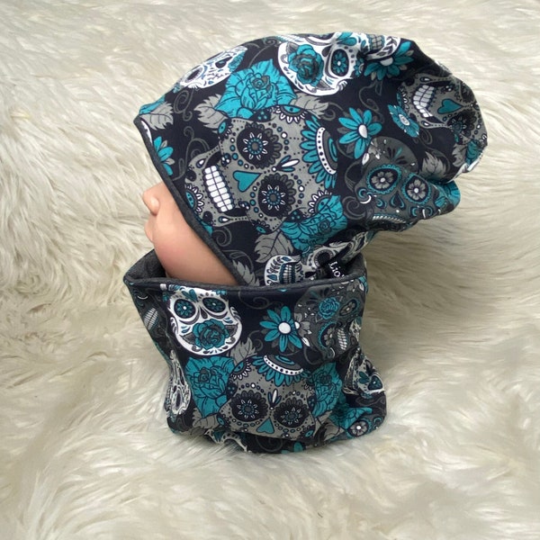 Beanie Loop Totenkopf schwarz petrol la Catrina 39-60 Kindermütze, Schal , Mütze mit Schal ,Kleinkind Set Kind  Baby