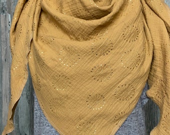 Musselintuch Halstuch  Gold/Karamell  mit goldenen Pusteblumen  Dreieckstuch Musselin Wickelschal Tuch Handmade Schal  einlagig