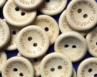 20 x Handmade with Love Buttons - 20mm, Wooden Buttons, 2 Holes, Knitting, Crochet, Sewing