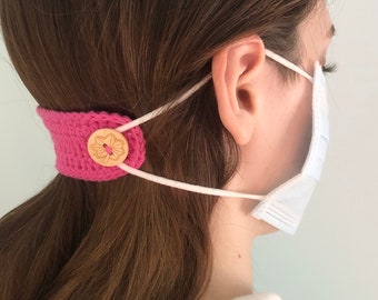 Crochet Ear Saver, Mask Extender, Ear Protector, Elastic Holder 100% cotton, wooden/rainbow button