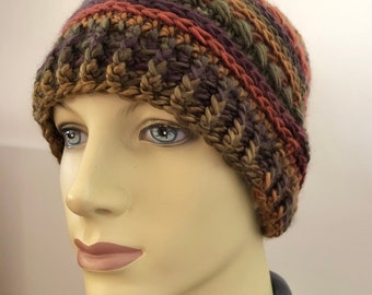 Crochet Beanie in super soft acrylic yarn - Autumnal browns