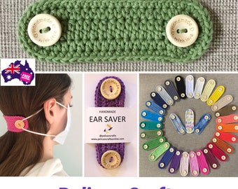 Crochet Ear Saver, Mask Extender, Ear Protector, Elastic Holder 100% cotton, wooden/rainbow button